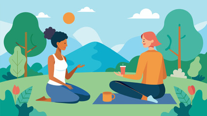 Join your wellness coach in a picturesque park for a rejuvenating outdoor session filled with discussions on nutrition fitness and selfcare practices.. Vector illustration
