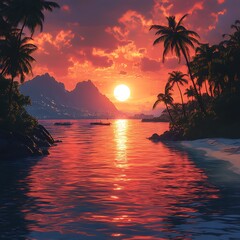 Sunset over tropical beach with waves and silhouetted palm trees
