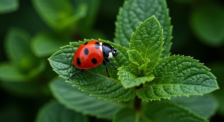 鮮やかな緑葉の上で輝くテントウムシ 自然な光と影