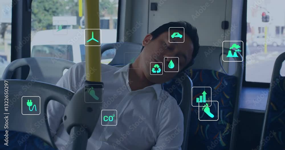 Poster sleeping on bus, man with animation of environmental concepts and digital icons