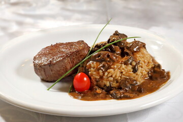 Tall Filet Mignon with dry mushroom risotto