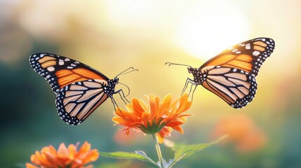Fototapeta premium Two stunning monarch butterflies gracefully soar above bright orange flowers as the sun sets in a lush garden.