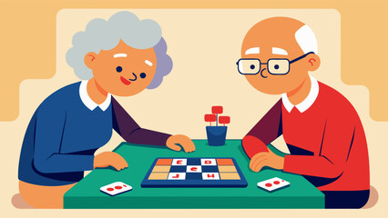 Fototapeta premium A senior couple playing a round of Boggle quickly forming words from a jumbled grid of letters and competing to see who can find the most.. Vector illustration
