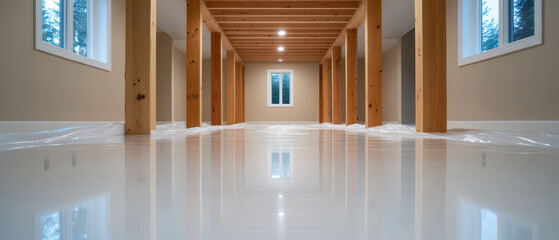Renovation project showing wooden support beams and a newly installed epoxy floor, covered in plastic for protection.