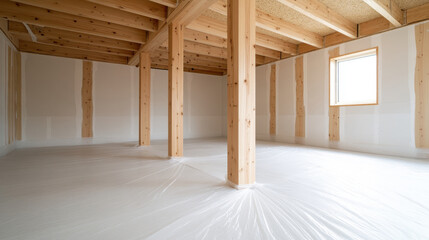 Basement Renovation Project, Protective Plastic Sheeting Covering the Floor in an Unfinished Basement with Exposed Wood Beams