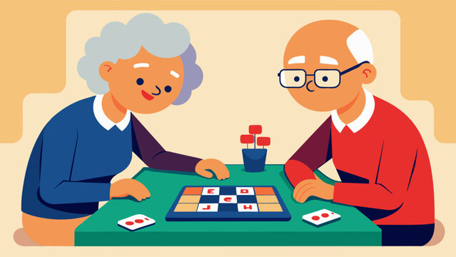 A senior couple playing a round of Boggle quickly forming words from a jumbled grid of letters and competing to see who can find the most.. Vector illustration