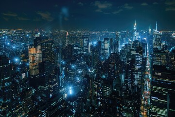 Detailed Color Picture of Aerial View of Cityscape at Night with Connectivity Links