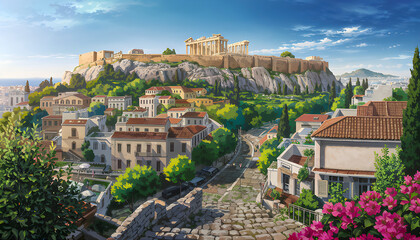 Naklejka premium Athens, Greece, a blend of ancient history and modern life, features iconic landmarks like the Acropolis, vibrant streets, stunning architecture, and rich culture, making it a timeless, captivating de