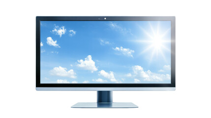 Fototapeta premium Serene blue sky and cloudscape displayed on a modern computer monitor, digital window to nature