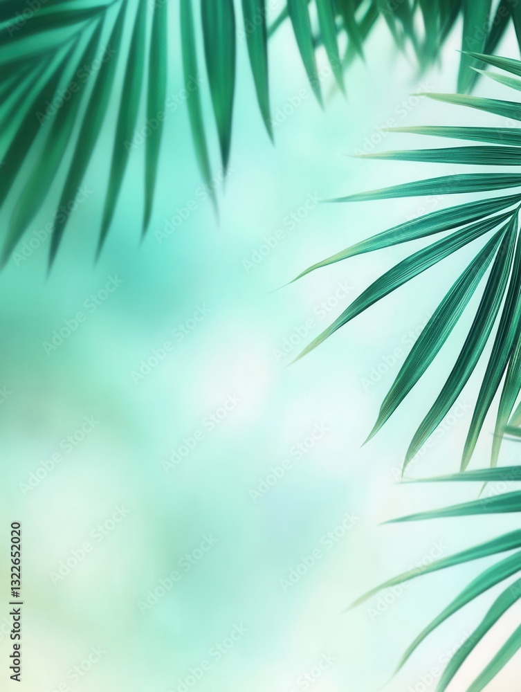 Aufkleber fresh tropical vibes with blurred palm leaves in vibrant green and teal tones for an adventurous esc
