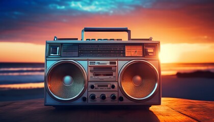 A vintage boombox sits against a stunning sunset backdrop, evoking nostalgia with its retro design and vibrant colors.