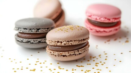 Fototapeta premium Pink grey brown macaroons with golden glitter