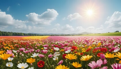 Fototapeta premium Vibrant Field of Colorful Flowers Under Sunny Blue Sky Landscape