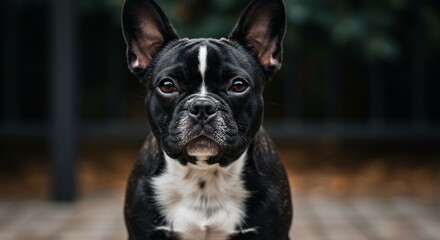 落ち着いた光と黒白のフレンチブルドッグ 真剣な表情
