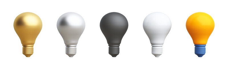 3D light bulb objects golden, silver, black, white and yellow. Colorful Mockup or Model, electricity energy. world idea and technology. PNG file. 3D Illustration.