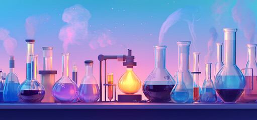 Illuminating Science: A vibrant depiction of laboratory glassware and equipment, illuminated in an array of colors, represents the wonders of scientific exploration.