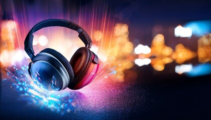 Fototapeta premium A vibrant image of headphones surrounded by colorful light effects, conveying a sense of music and sound in a dynamic atmosphere.