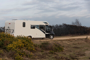 Southern England UK. 09.03.2025. Motorhome driving through the southern English countryside while on a touring holiday.