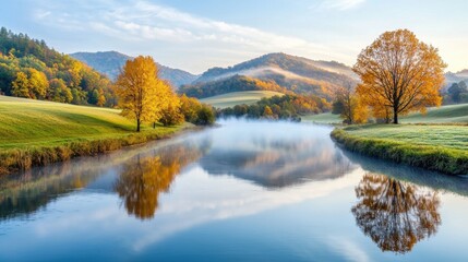 Fototapeta premium The gentle river winds its way through the rolling hills, shrouded in a veil of mist as the first light of dawn filters through the trees, casting a soft glow on the tranquil waters below