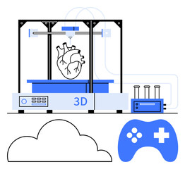 3D printer creating heart model with digital interface, lab equipment, cloud storage, and gaming controller. Ideal for technology, health, innovation, education research creativity gaming. Modern