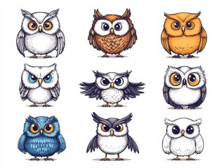 Fototapeta premium Colorful collection of cartoon owls showcasing various expressions and poses