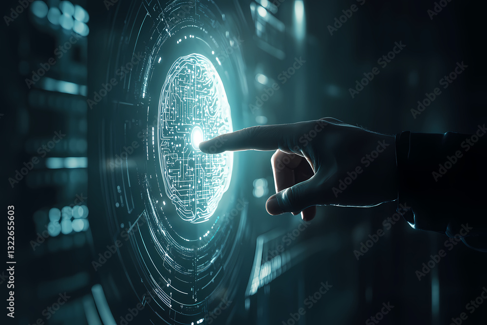 Poster digital security and recognition: a high-tech scene showcases a hand interacting with a holographic 