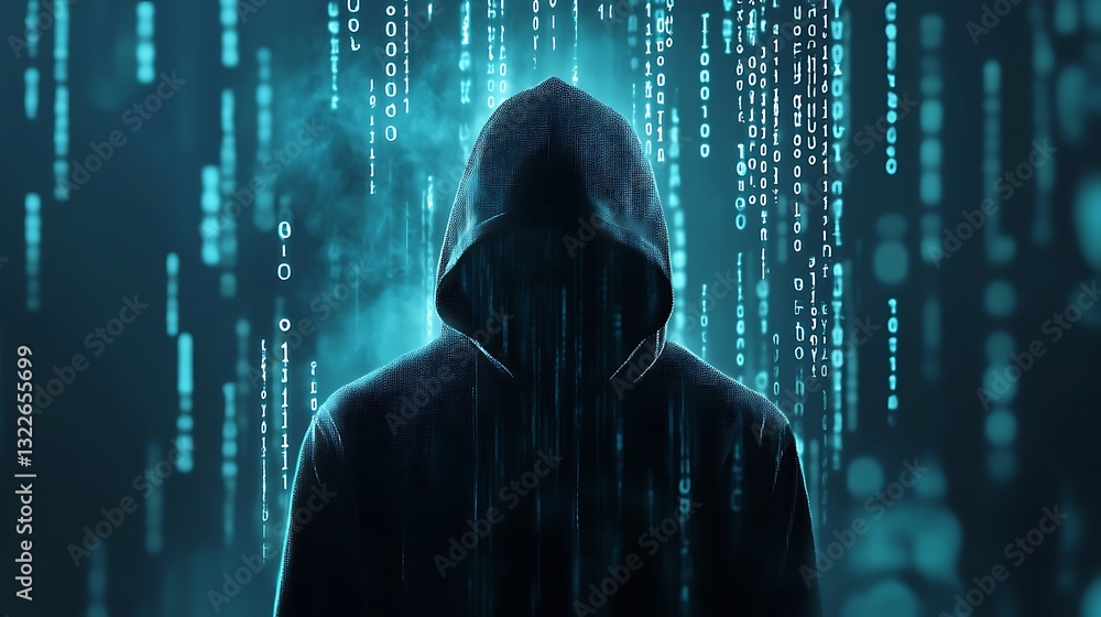 Poster cybersecurity threat: anonymous hacker in digital rain