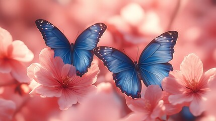 Naklejka premium Tranquil nature scene with blue butterfly and pink flower harmony