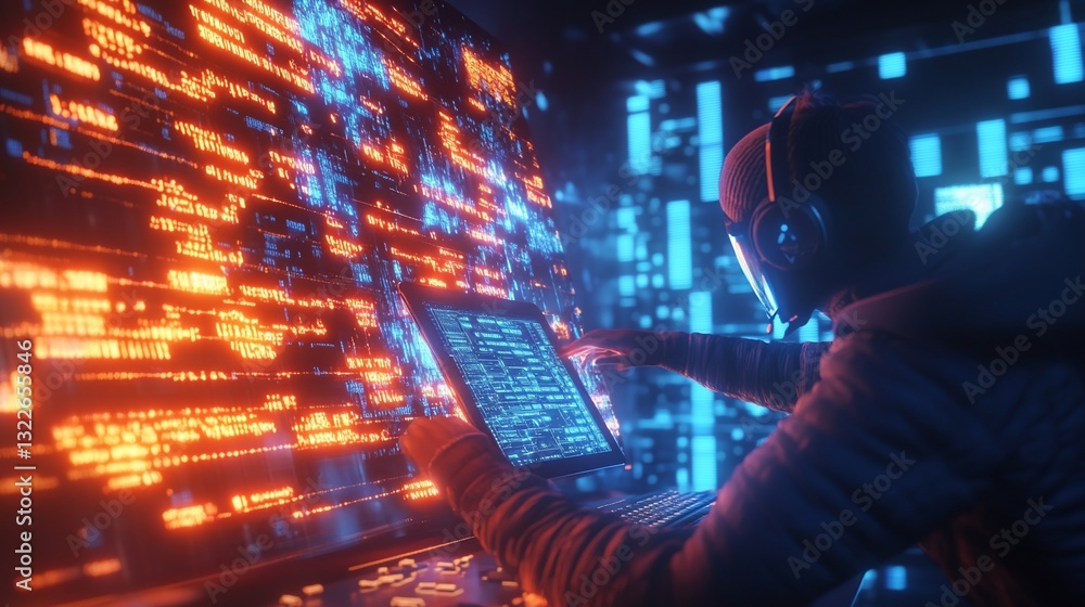 Poster person with headphones uses a tablet in front of a large glowing data display