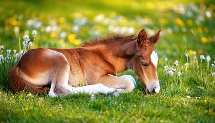 Adorable Chestnut Foal Sleeping Among Spring Flowers in a Lush Meadow at Dusk, Capturing the Serene Charm of Natures Wonders