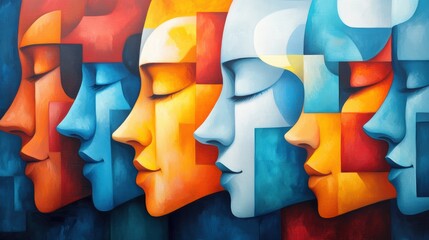 Abstract colorful profile portraits, diverse faces.