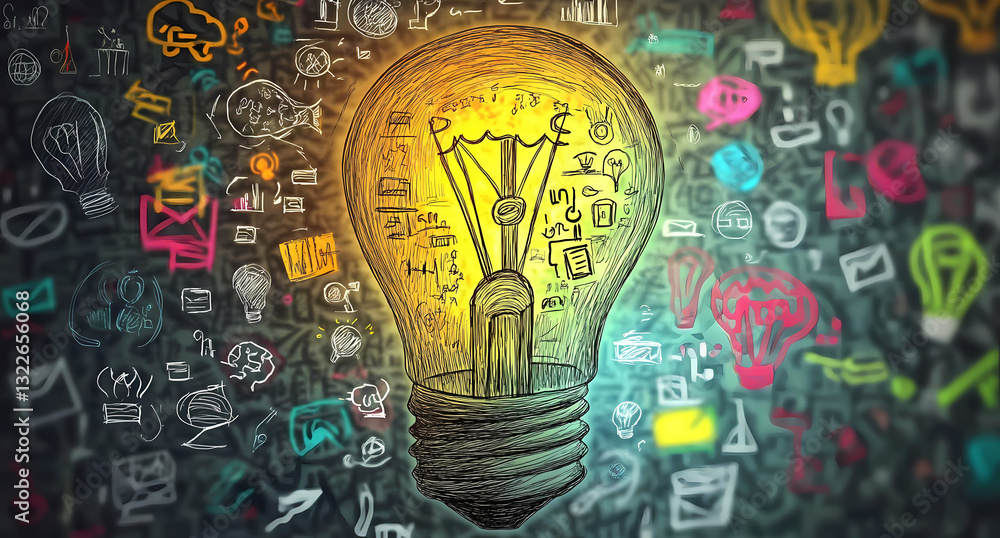Poster illuminating ideas: a creative composition of a lightbulb with various icons symbolizing innovative 