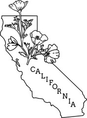 Map of California State with poppy flowers. USA. Vector line art