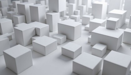 The abstract 3D rendering features a sleek and modern background comprised of a series of cubes arranged in a minimalistic geometric design