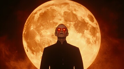 Lunar Gaze: A stoic figure, illuminated by the foreboding glow of a full moon, stares intently, eyes radiating an eerie intensity. A scene of enigmatic energy.