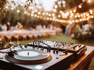 Close-up of a turntable at a vibrant evening party  - ai
