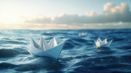 Paper boat bravely sails against waves in open sea, showcasing resilience and adventure in a vast, dynamic landscape