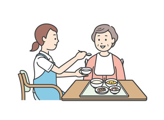 食事介助をする介護士と高齢女性のイラスト
