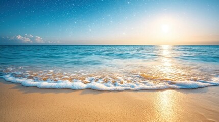 Obraz premium The moonbeams cast a silvery glow over the tranquil shoreline, where gentle waves lapped at the sand, reflecting the shimmering stars scattered across the clear night sky above the calm, still water.