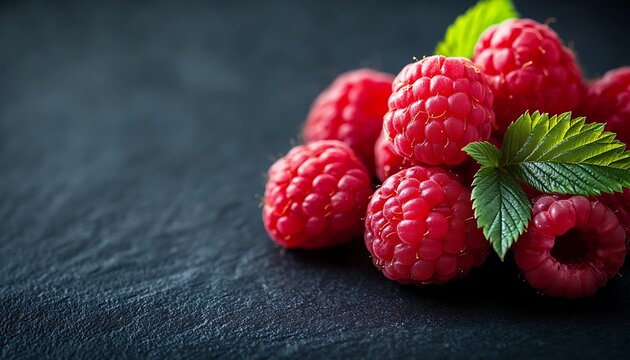 A Bunch Of Fresh Red Raspberries Resting On A Black Stone Surface - Powered by Adobe