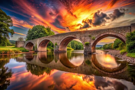 Surreal Sunset over Historic Skenfrith Bridge, Monmouthshire, Wales