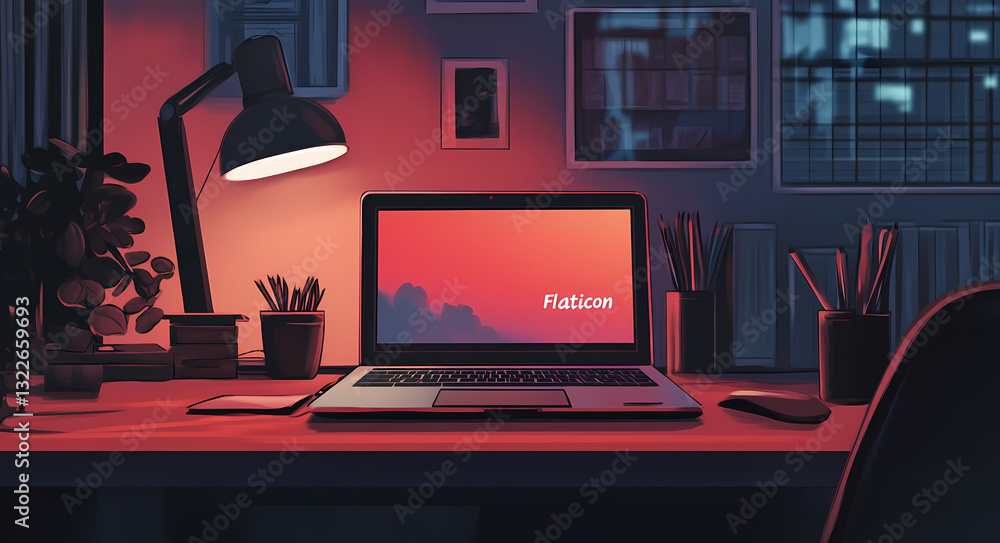 Poster digital workspace: a modern workspace setup with laptop, desk lamp, and stationery, creating a scene