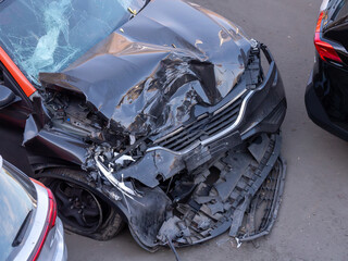 Heavily damaged car after collision, front-end damage, crashed vehicle, urban accident scene,...
