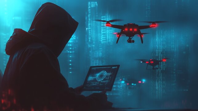 Person in a hoodie operates drones with a tablet against a cyberpunk city backdrop