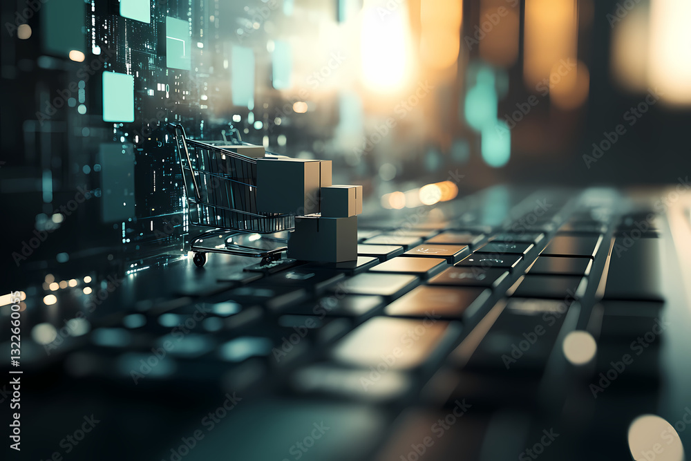 Poster digital realm: an abstract visualization of digital blocks emerging from a laptop keyboard, a modern