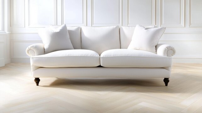 The elegant white sofa in the white room exudes a sense of sophistication and minimalism, creating a calming and serene atmosphere.