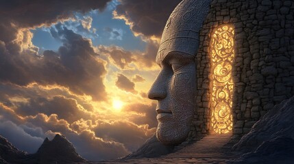 Monumental Vista: An imposing stone sculpture of a face gazes towards a radiant portal, set against a backdrop of dramatic clouds and a setting sun, evoking a sense of ancient mystery and grandiosity.
