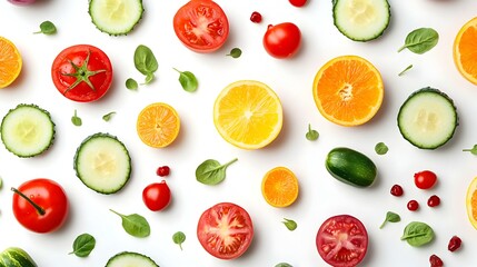 Fruit and vegetables making pattern on white