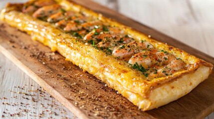 Delicious Golden-Brown Shrimp Tart on Wooden Board