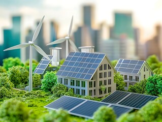 Engineers conceptualizing a green energy city with turbines and solar panels as key elements